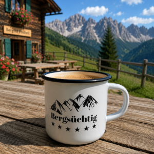 Emaille-Tasse "Bergsüchtig"
