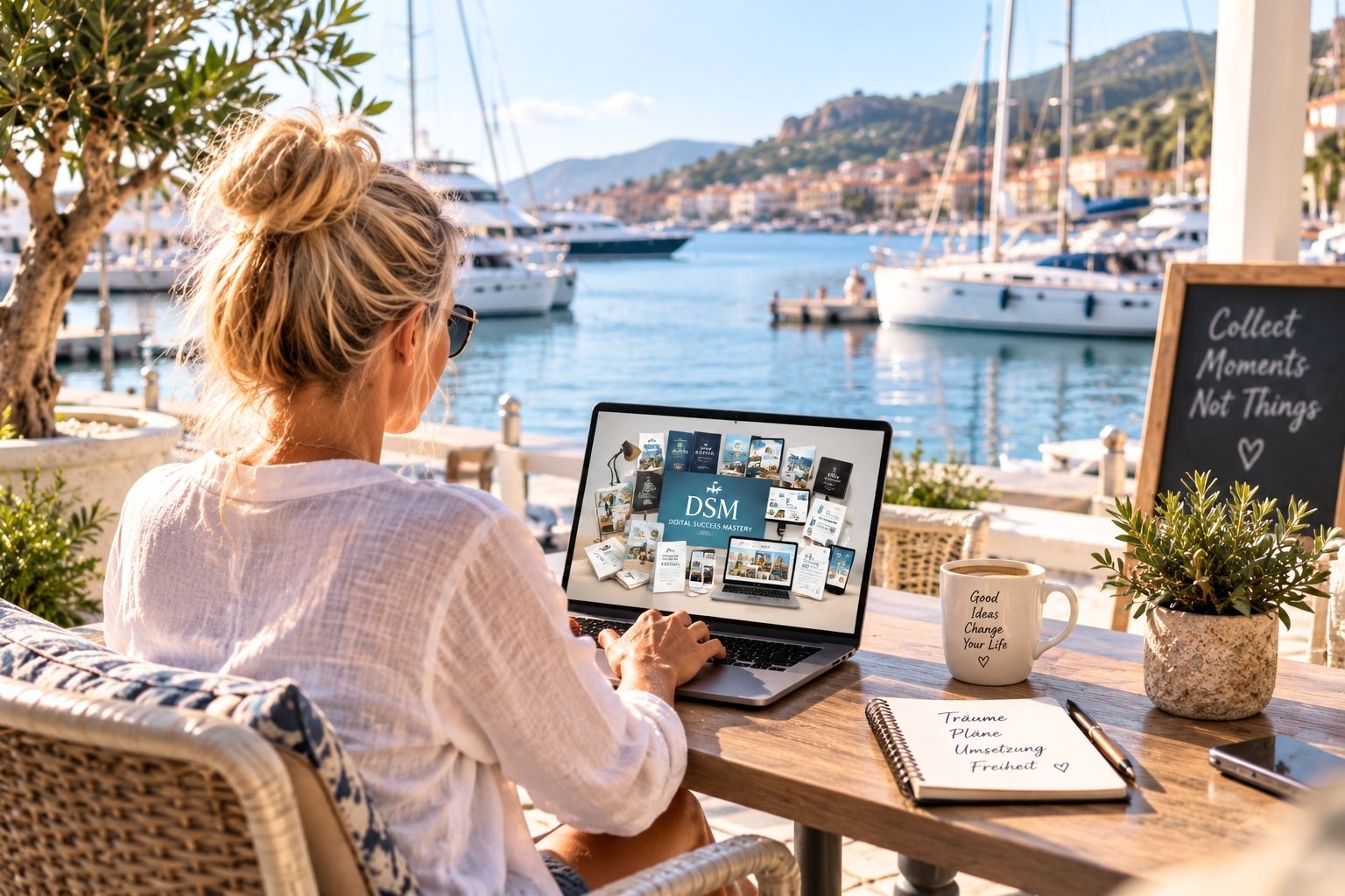 Ortsunabhängig am Laptop in einer Marina arbeiten